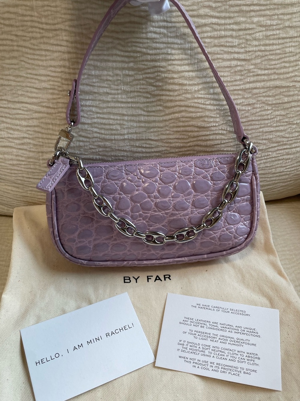 BY FAR Lilac Mini Rachel Croc-Embossed Mini Shoulder Bag with Silver Chain